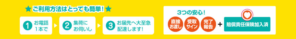 ご利用方法はとっても簡単！
①お電話一本で　②集荷にお伺いし　③お届け先へ大至急配達します！
3つの安心！直接お渡し・受け取りサイン・完了報告+賠償責任保険加入済